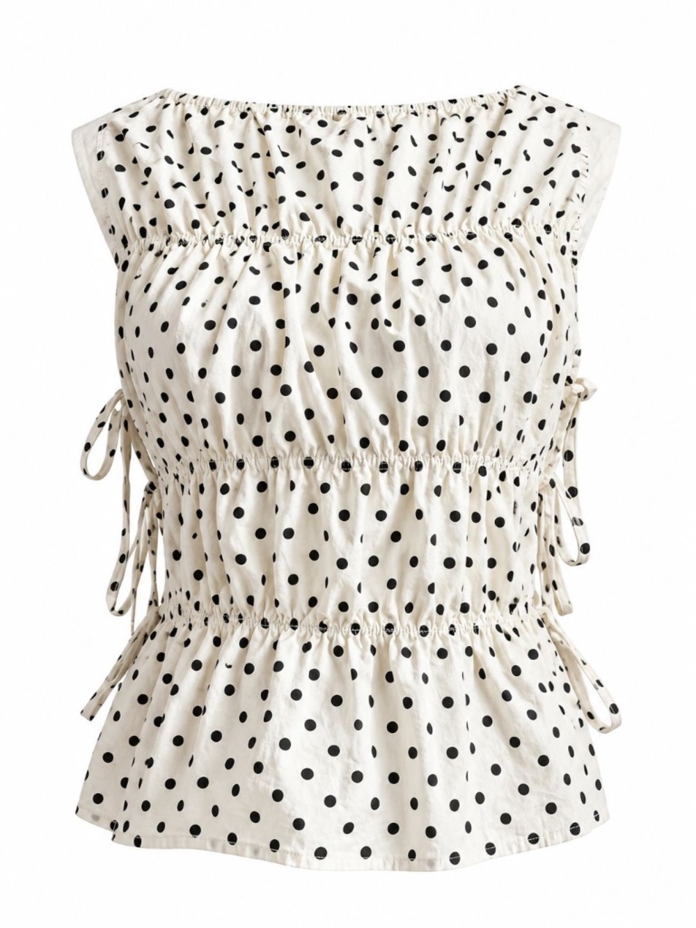 Cream & Black Polka Dot Ruffle Peplum Top Size Small | 100% Cotton